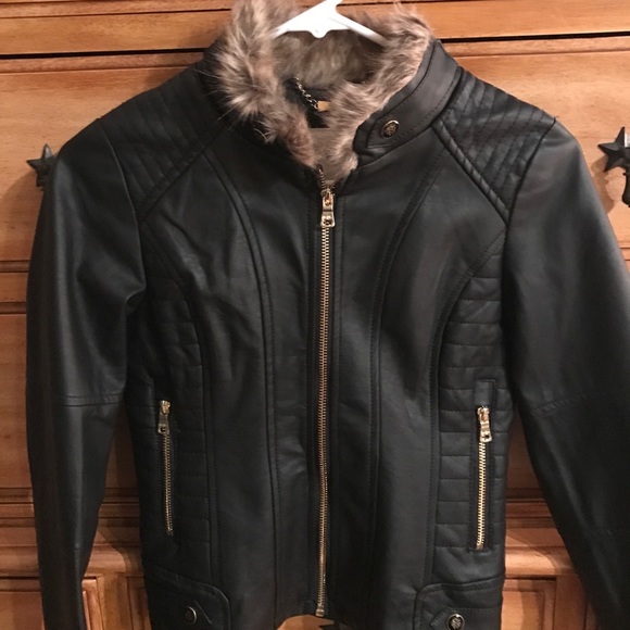 Girls Faux Leather Jacket with Faux Fur Lined Neck